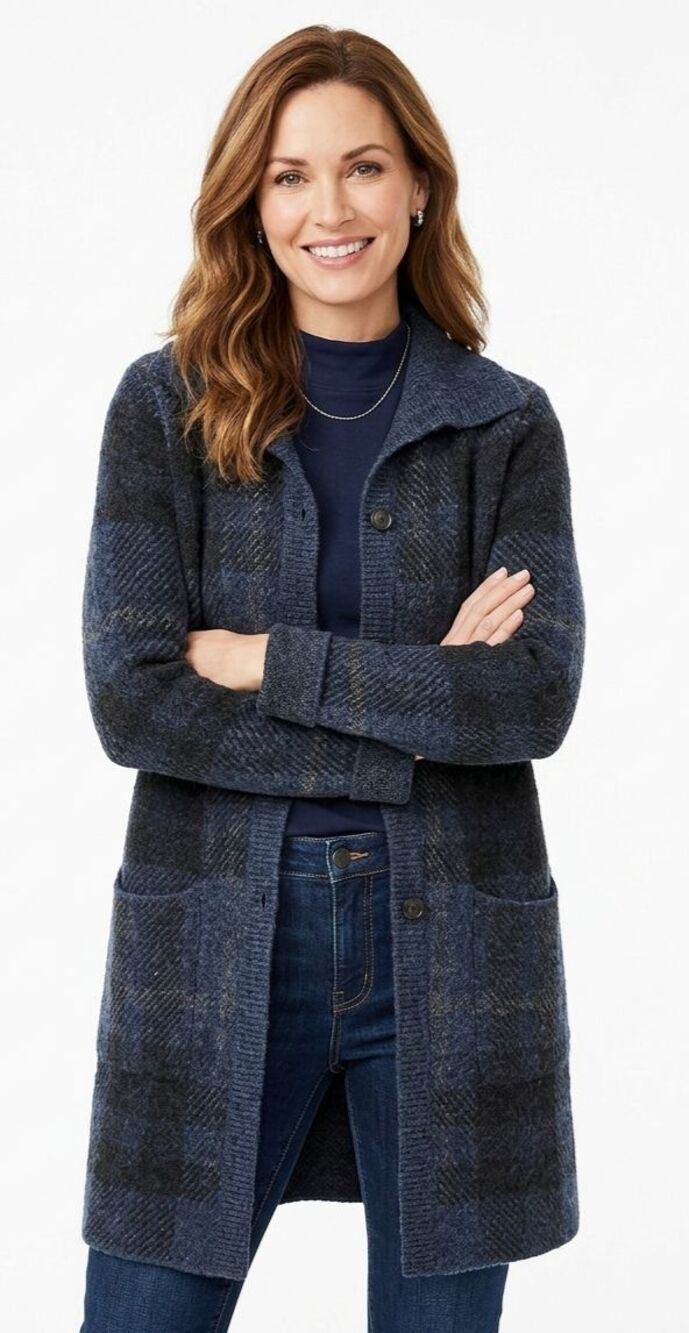 J. Jill Medium Tall sz MT Boiled Wool Blend Plaid Cardigan Coat Blue Jacket EUC